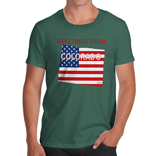 Mens Novelty T Shirt Christmas Greetings From Colorado USA Flag Men's T-Shirt Large Bottle Green