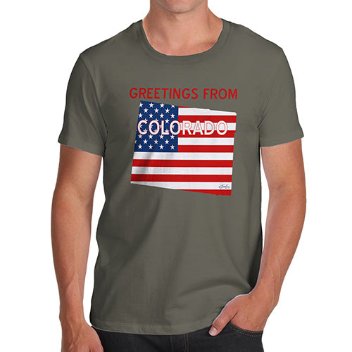 Funny Mens T Shirts Greetings From Colorado USA Flag Men's T-Shirt Medium Khaki
