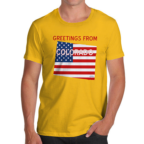 Funny T-Shirts For Guys Greetings From Colorado USA Flag Men's T-Shirt Small Yellow