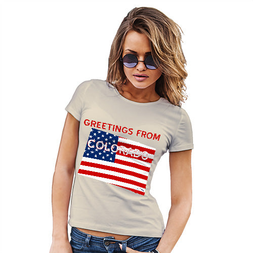 Funny T Shirts For Women Greetings From Colorado USA Flag Women's T-Shirt X-Large Natural