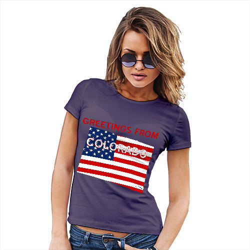 Womens Funny Tshirts Greetings From Colorado USA Flag Women's T-Shirt Large Plum