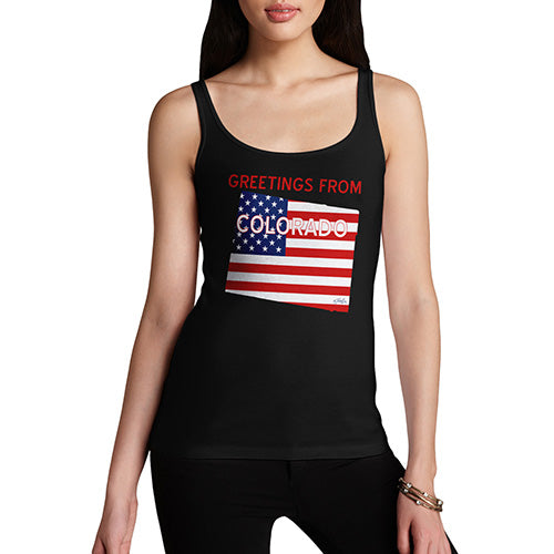 Womens Humor Novelty Graphic Funny Tank Top Greetings From Colorado USA Flag Women's Tank Top X-Large Black