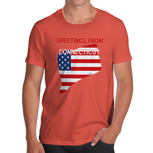 Novelty Tshirts Men Funny Greetings From Connecticut USA Flag Men's T-Shirt Large Orange