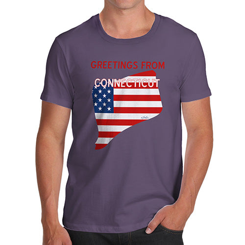 Novelty Tshirts Men Greetings From Connecticut USA Flag Men's T-Shirt Small Plum