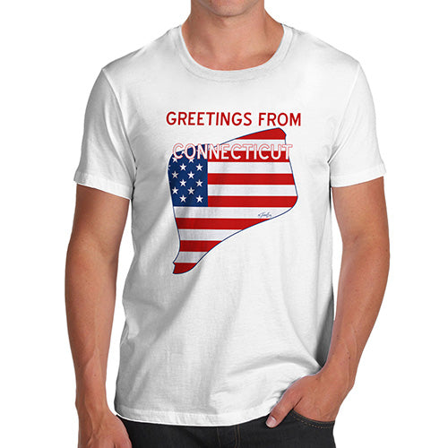 Funny Tee Shirts For Men Greetings From Connecticut USA Flag Men's T-Shirt X-Large White