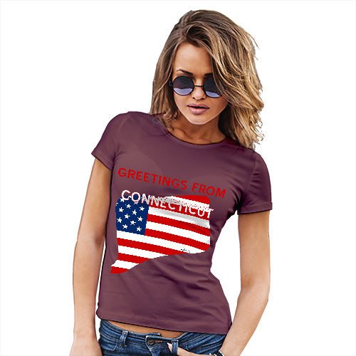 Funny Shirts For Women Greetings From Connecticut USA Flag Women's T-Shirt Small Burgundy