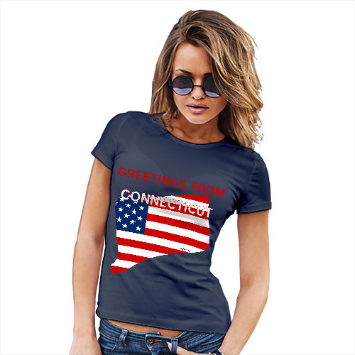 Womens Funny Tshirts Greetings From Connecticut USA Flag Women's T-Shirt Medium Navy