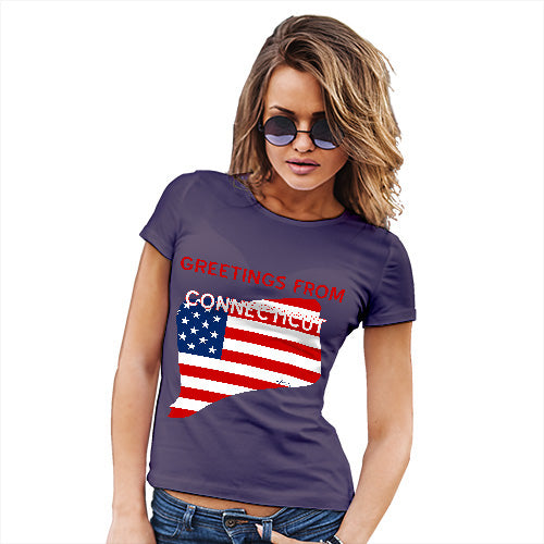 Novelty Gifts For Women Greetings From Connecticut USA Flag Women's T-Shirt Medium Plum