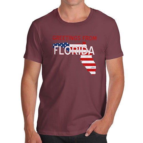 Novelty Tshirts Men Greetings From Florida USA Flag Men's T-Shirt X-Large Burgundy