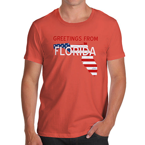 Funny T-Shirts For Guys Greetings From Florida USA Flag Men's T-Shirt Large Orange