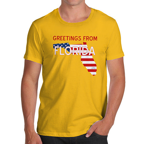 Funny Tee For Men Greetings From Florida USA Flag Men's T-Shirt Small Yellow