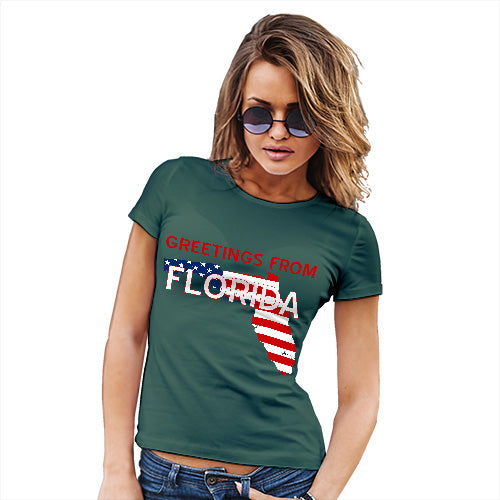 Womens T-Shirt Funny Geek Nerd Hilarious Joke Greetings From Florida USA Flag Women's T-Shirt Large Bottle Green