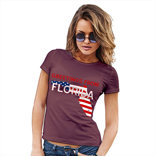Funny T-Shirts For Women Greetings From Florida USA Flag Women's T-Shirt Small Burgundy