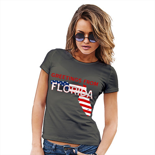 Funny Tshirts For Women Greetings From Florida USA Flag Women's T-Shirt X-Large Khaki