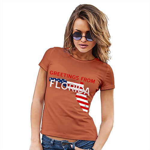 Womens Funny Sarcasm T Shirt Greetings From Florida USA Flag Women's T-Shirt Large Orange