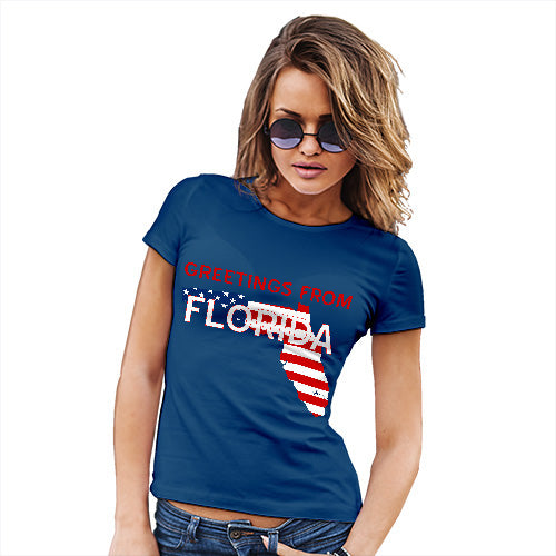 Womens Funny Sarcasm T Shirt Greetings From Florida USA Flag Women's T-Shirt Medium Royal Blue
