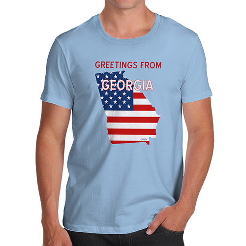 Funny Mens Tshirts Greetings From Georgia USA Flag Men's T-Shirt Small Sky Blue