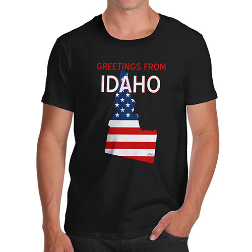 Funny Mens Tshirts Greetings From Idaho USA Flag Men's T-Shirt Small Black
