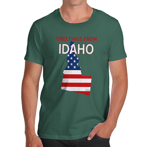 Funny Tee Shirts For Men Greetings From Idaho USA Flag Men's T-Shirt Small Bottle Green