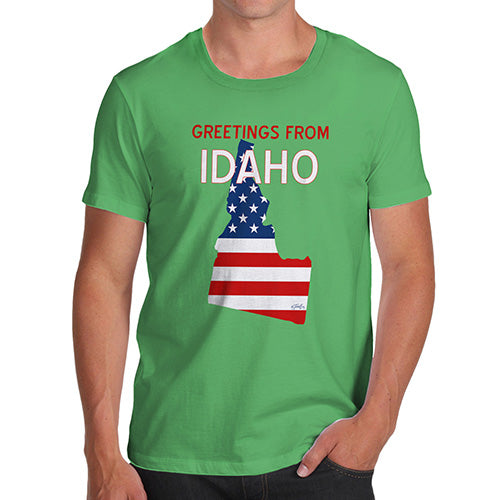 Mens Novelty T Shirt Christmas Greetings From Idaho USA Flag Men's T-Shirt Medium Green