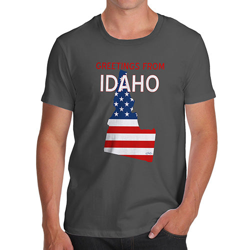 Novelty Tshirts Men Funny Greetings From Idaho USA Flag Men's T-Shirt Small Dark Grey