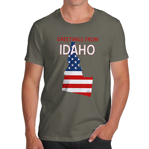 Novelty Tshirts Men Funny Greetings From Idaho USA Flag Men's T-Shirt Small Khaki