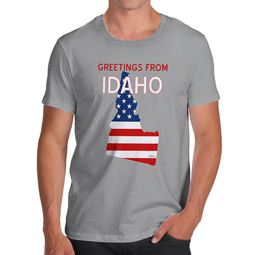 Funny Tee Shirts For Men Greetings From Idaho USA Flag Men's T-Shirt Large Light Grey
