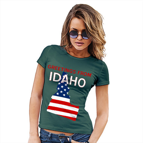 Womens Funny T Shirts Greetings From Idaho USA Flag Women's T-Shirt X-Large Bottle Green