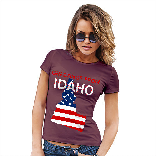 Novelty Tshirts Women Greetings From Idaho USA Flag Women's T-Shirt Small Burgundy