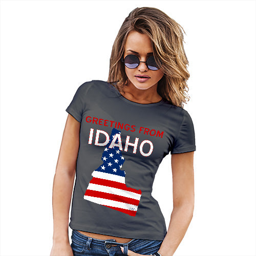 Womens Funny Tshirts Greetings From Idaho USA Flag Women's T-Shirt Large Dark Grey