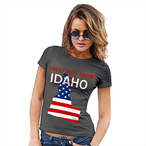 Funny T Shirts For Mom Greetings From Idaho USA Flag Women's T-Shirt X-Large Khaki