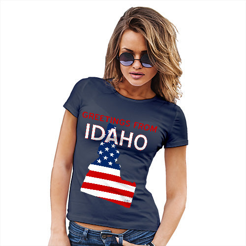 Funny T Shirts For Mom Greetings From Idaho USA Flag Women's T-Shirt Medium Navy