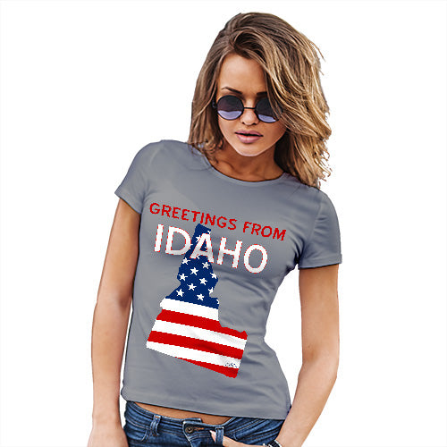 Novelty Gifts For Women Greetings From Idaho USA Flag Women's T-Shirt Large Light Grey