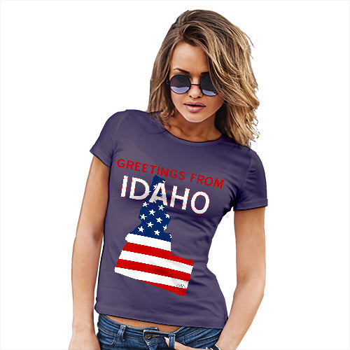 Funny T Shirts For Mom Greetings From Idaho USA Flag Women's T-Shirt X-Large Plum
