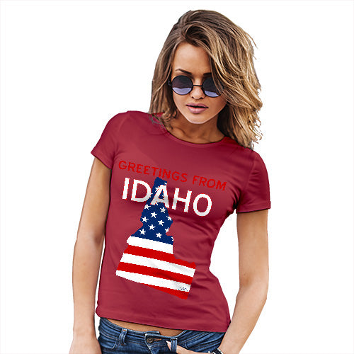 Novelty Gifts For Women Greetings From Idaho USA Flag Women's T-Shirt Medium Red