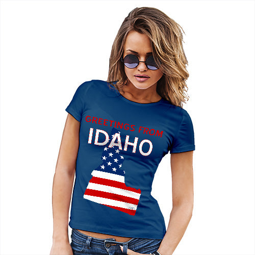 Womens Funny Sarcasm T Shirt Greetings From Idaho USA Flag Women's T-Shirt Large Royal Blue