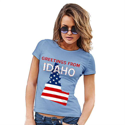 Womens Funny Sarcasm T Shirt Greetings From Idaho USA Flag Women's T-Shirt Medium Sky Blue