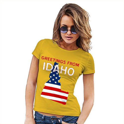 Womens Funny Tshirts Greetings From Idaho USA Flag Women's T-Shirt X-Large Yellow