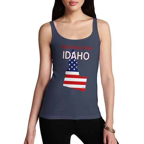 Womens Humor Novelty Graphic Funny Tank Top Greetings From Idaho USA Flag Women's Tank Top Large Navy