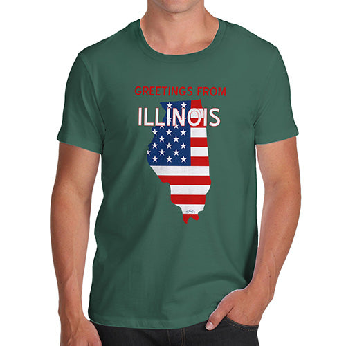 Novelty Tshirts Men Funny Greetings From Illinois USA Flag Men's T-Shirt Medium Bottle Green