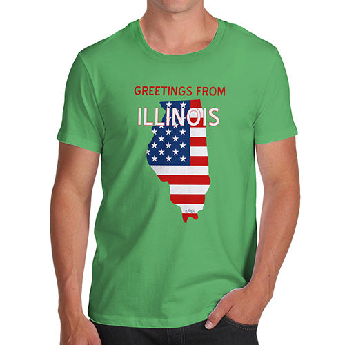 Funny Tee For Men Greetings From Illinois USA Flag Men's T-Shirt Large Green