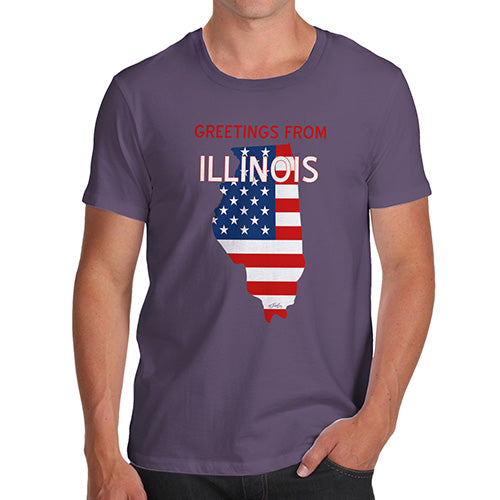 Mens T-Shirt Funny Geek Nerd Hilarious Joke Greetings From Illinois USA Flag Men's T-Shirt Medium Plum