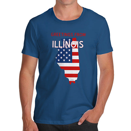 Novelty Tshirts Men Funny Greetings From Illinois USA Flag Men's T-Shirt X-Large Royal Blue
