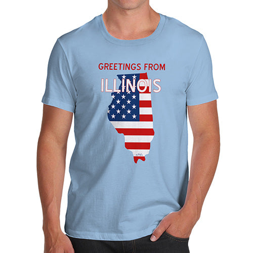 Mens Funny Sarcasm T Shirt Greetings From Illinois USA Flag Men's T-Shirt Large Sky Blue