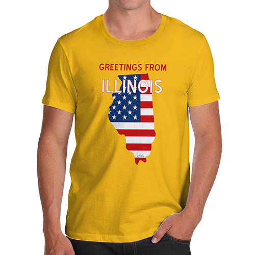 Novelty Tshirts Men Funny Greetings From Illinois USA Flag Men's T-Shirt Medium Yellow