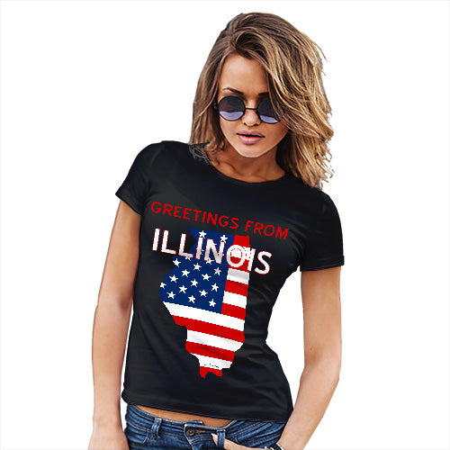 Funny T Shirts For Mom Greetings From Illinois USA Flag Women's T-Shirt X-Large Black