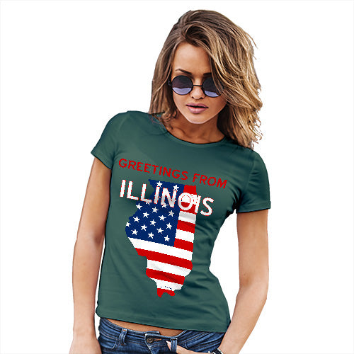 Womens Novelty T Shirt Greetings From Illinois USA Flag Women's T-Shirt Small Bottle Green