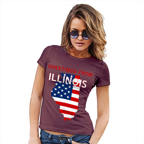 Novelty Gifts For Women Greetings From Illinois USA Flag Women's T-Shirt X-Large Burgundy