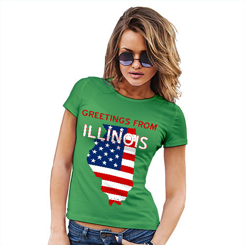 Womens Novelty T Shirt Christmas Greetings From Illinois USA Flag Women's T-Shirt Large Green