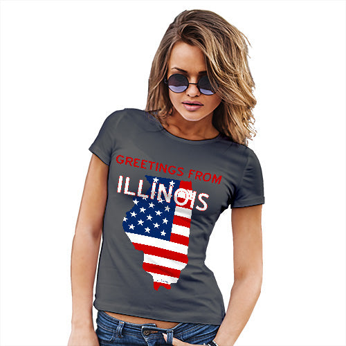 Womens Humor Novelty Graphic Funny T Shirt Greetings From Illinois USA Flag Women's T-Shirt Medium Dark Grey
